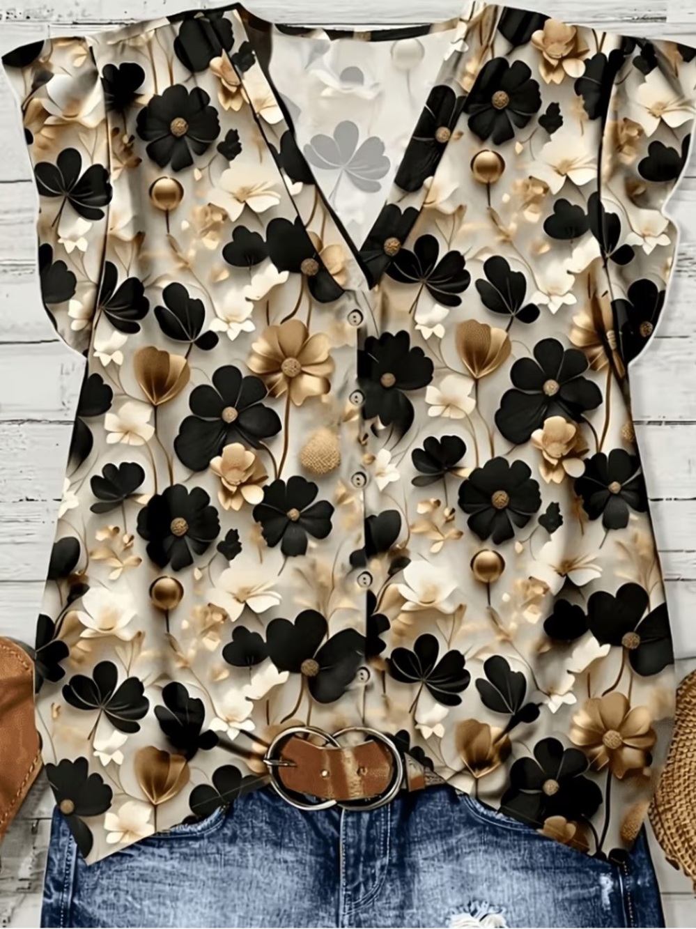 Floral V-Neck Button Front Women’s Top - Black & Gold